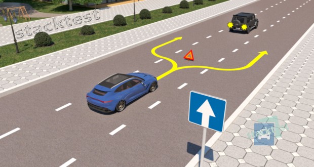 По како й из указа нных траектори й разрешается произвести объезд препятствия водителю синего автомобиля?
