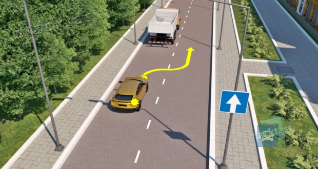 Разрешается ли водителю жёлтого легкового автомобиля произвести опережение по показанной на рисунке траектории?
