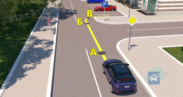 В какой из указанных точек водитель синего автомобиля должен подать сигнал световыми указателями правого поворота?