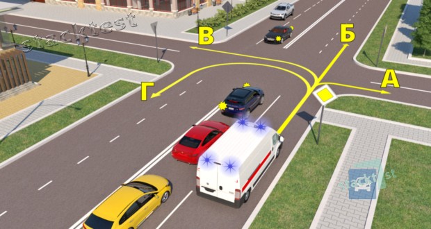В каких направлениях из показанных стрелками водителю автомобиля скорой медицинской помощи разрешается продолжить движение?