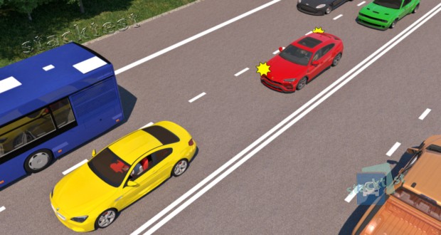 В каком случае водителю красного автомобиля разрешается перестроиться на правую полосу движения, если полосы движения равномерно заняты движущимися транспортными средствами?