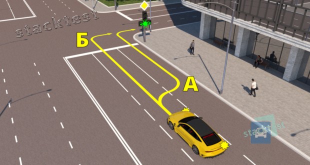 По какой траектории водителю жёлтого автомобиля разрешается повернуть направо?