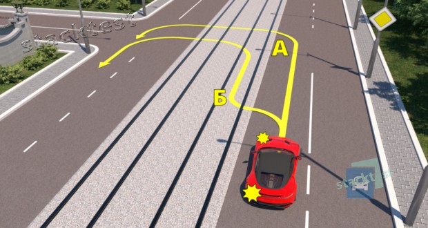 П о какой траектории водитель красного автомобиля выполнит ра3ворот в соответствии с Правилами дорожного д вижения?