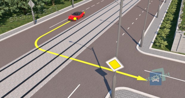 Нарушит ли Правила дорожного движения водитель красного автомобиля, выполнив поворот налево по траектории, показанной на рисунке (при отсутствии попутных трамваев)?