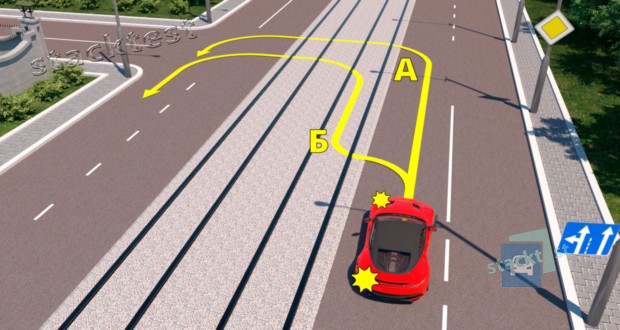 По какой траектории водитель красного автомобиля выполнит разворот в соответствии с Правилами дорожного движения?