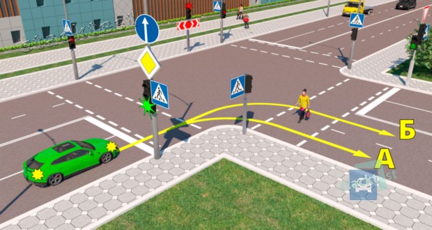 Каким образом водитель зелёного автомобиля должен выполнить поворот направо в показанной ситуации?