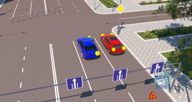 Разрешается ли водителю синего автомобиля выполнить поворот направо так, как показано на рисунке?