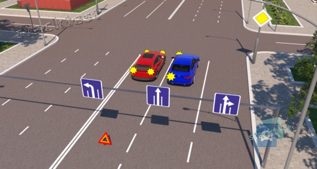 Разрешается ли водителю синего автомобиля выполнить поворот налево так, как показано на рисунке?
