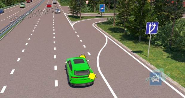 Как в соответствии с Правилами дорож ного движения водитель зелёного автомобиля должен осуществить поворот направо?