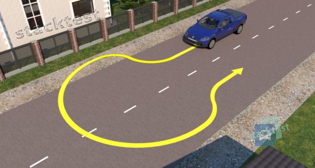 Разрешено ли водителю синего легкового автомобиля выполнить разворот по траектории, показанной на рисунке, если ширина проезжей части дороги недостаточна для его выполнения из крайнего левого положения?