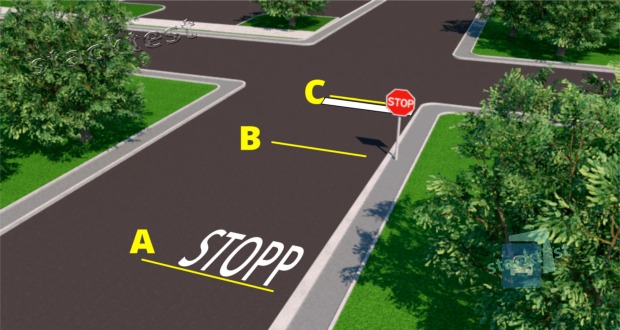 В каком месте, обозначенном на рисунке буквой, необходимо остановиться, чтобы уступить дорогу?