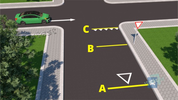 В каком месте, обозначенном на рисунке буквой, следует остановиться, если необходимо уступить дорогу?