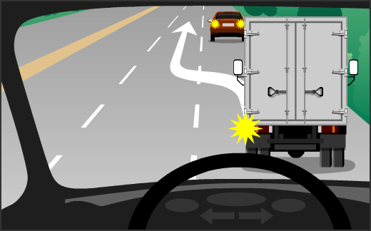 На дороге за пределами населенных пунктов Вы приближаетесь к грузовому автомобилю, который перестраивается на Вашу полосу, двигаясь со скоростью примерно 60 километров в час. Как Вы будете действовать?