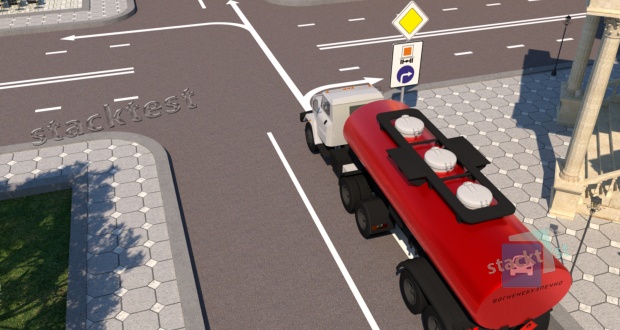 В каких направлениях разрешено движение грузового автомобиля в представленной ситуации?