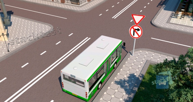 Разрешено ли автобусу, движущемуся по установленному маршруту, повернуть направо на представленном перекрестке?