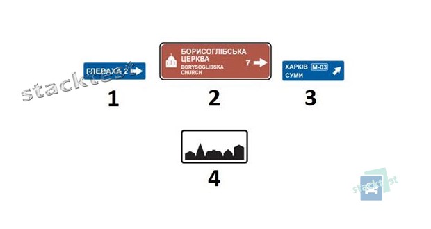 Який із зображених дорожніх знаків інформує про напрямок руху до зазначених на ньому пам’яток?