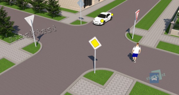 Должен ли водитель белого автомобиля уступить дорогу пешеходам, переходящим проезжую часть на перекрестке по линии продолжения тротуара?