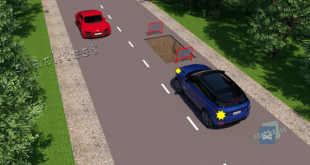 Может ли водитель синего автомобиля продолжить движение не дожидаясь проезда красного автомобиля, если препятствие находится на его стороне?