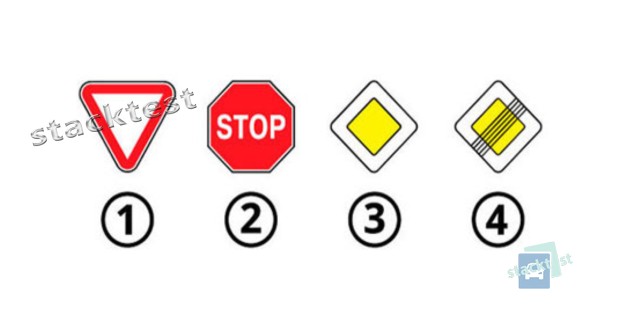 Який із зображених дорожніх знаків надає першочергове право проїзду перед транспортними засобами, що рухаються по дорозі, яка перетинається, на нерегульованих перехрестях?