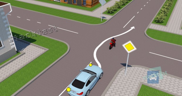 Разрешается ли водителю автомобиля выполнить обгон мотоциклиста на данном перекрестке?