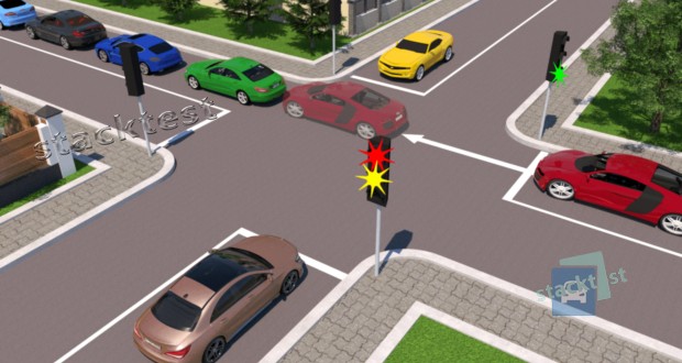 Разрешено ли водителю красного автомобиля выехать на перекресток на зеленый мигающий сигнал светофора, если за перекрестком образовался затор и ему потребуется остановиться на перекрестке?