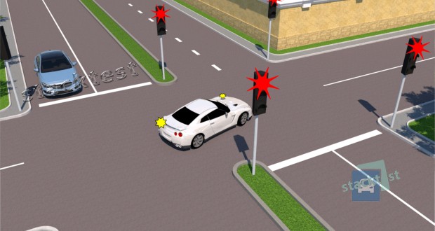 Як повинен вчинити водій білого автомобіля, якщо він виїхав на перехрещення проїзних частин на сигнал світлофора, що дозволяє рух?
