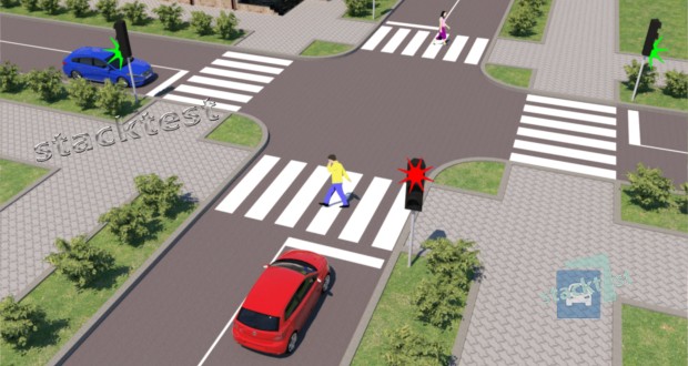 Чи повинен водій синього автомобіля дати дорогу пішоходам, повертаючи праворуч або ліворуч на даному перехресті?