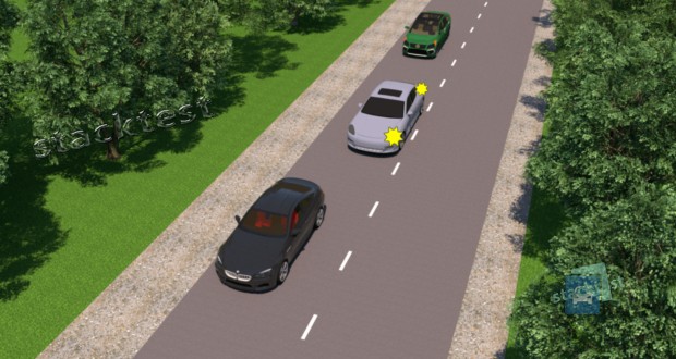 Чи може водій зеленого автомобіля почати обгін сірого автомобіля?