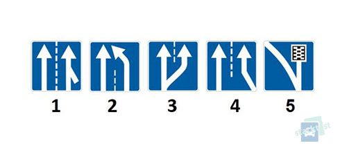 Какой из представленных дорожных знаков информирует о том, что дополнительная полоса движения прилегает к основной полосе движения на дороге с правой стороны?